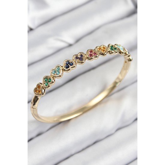 Pirinç Renkli Zirkon Taşlı Sıralı Kalp Model Gold Renk Kadın Kelepçe