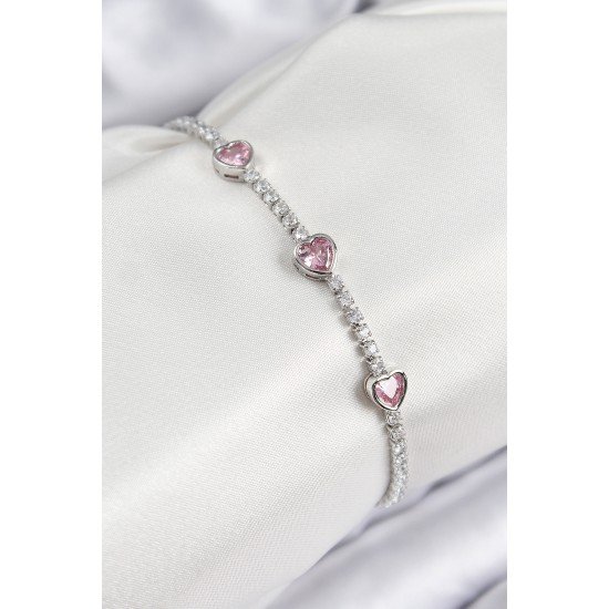 Pirinç Zirkon Taşlı Pembe Kalp Model Gümüş Renk Kadın Bileklik Pirinç Zirkon Taşlı Pembe Kalp Model Gümüş Renk Kadın Bileklik