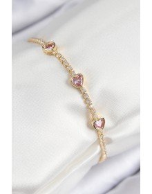 Pirinç Zirkon Taşlı Pembe Kalp Model Gold Renk Kadın Bileklik