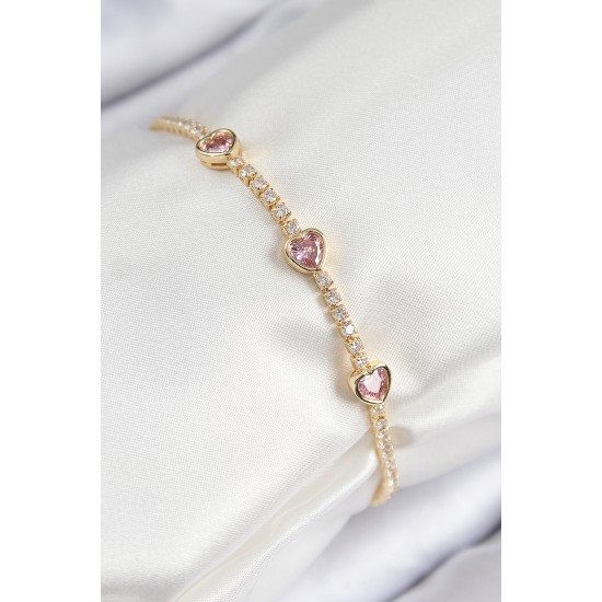 Pirinç Zirkon Taşlı Pembe Kalp Model Gold Renk Kadın Bileklik