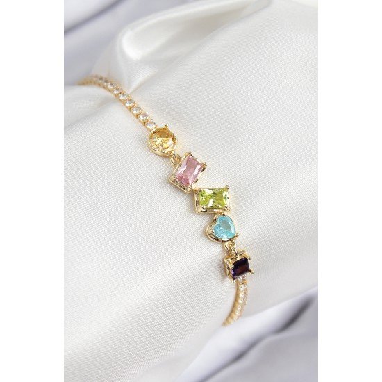 Pirinç Renkli Zirkon Taşlı Geometrik Model Gold Renk Kadın Bileklik