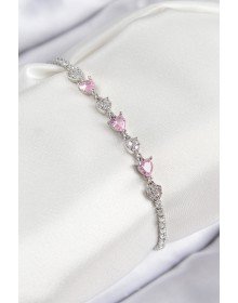 Pirinç Zirkon Taşlı Pembe Kalp Model Gümüş Renk Kadın Bileklik