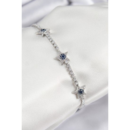 Pirinç Zirkon Taşlı Yıldız Model Gümüş Renk Kadın Bileklik