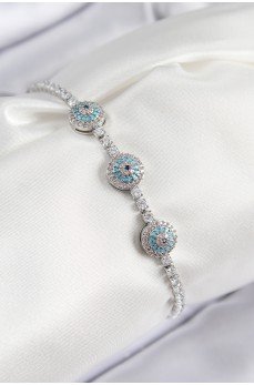 Pirinç Zirkon Taşlı Nazar Model Gümüş Renk Kadın Bileklik