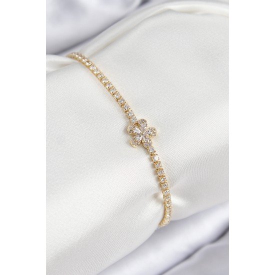 Pirinç Zirkon Taşlı Çiçek Model Gold Renk Kadın Bileklik