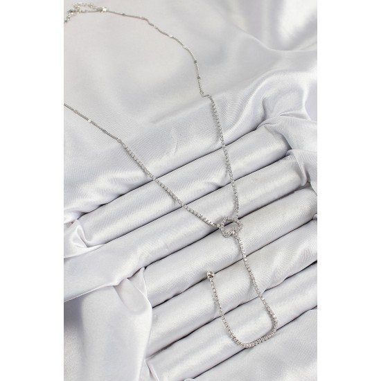 Pirinç Zirkon Taşlı Kalp Model Gümüş Renk  Y Kolye