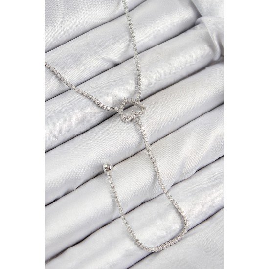 Pirinç Zirkon Taşlı Kalp Model Gümüş Renk  Y Kolye