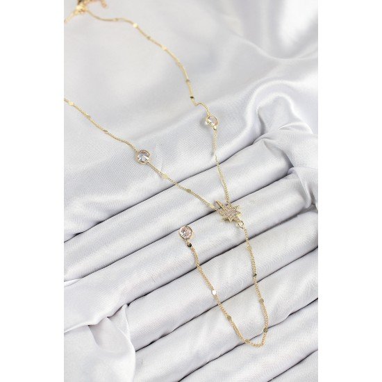 Pirinç Zirkon Taşlı Kutup Yıldızı Model Gold Renk Y Kolye