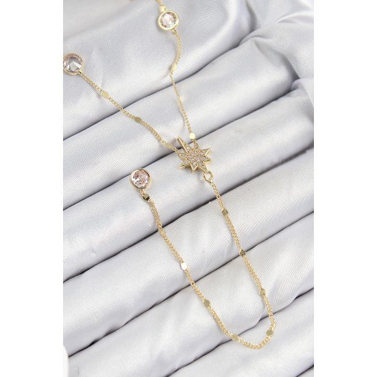 Pirinç Zirkon Taşlı Kutup Yıldızı Model Gold Renk Y Kolye