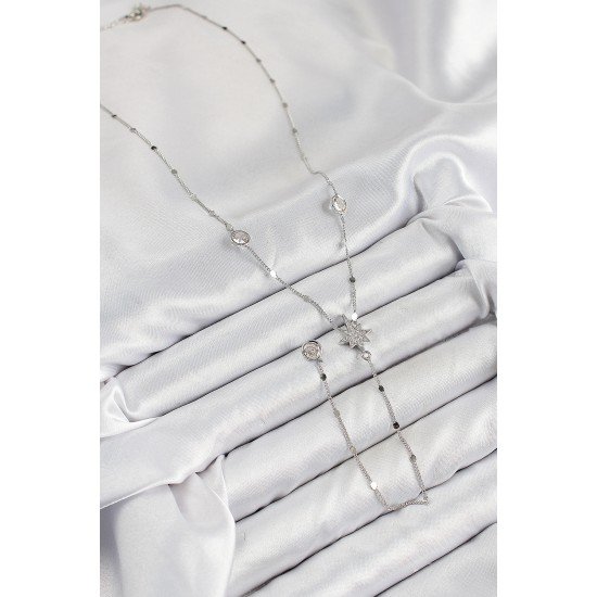 Pirinç Zirkon Taşlı Kutup Yıldızı Model Gümüş Renk Y Kolye Pirinç Zirkon Taşlı Kutup Yıldızı Model Gümüş Renk Y Kolye