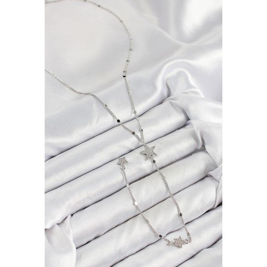 Pirinç Zirkon Taşlı Yıldız Model Gümüş Renk Y Kolye