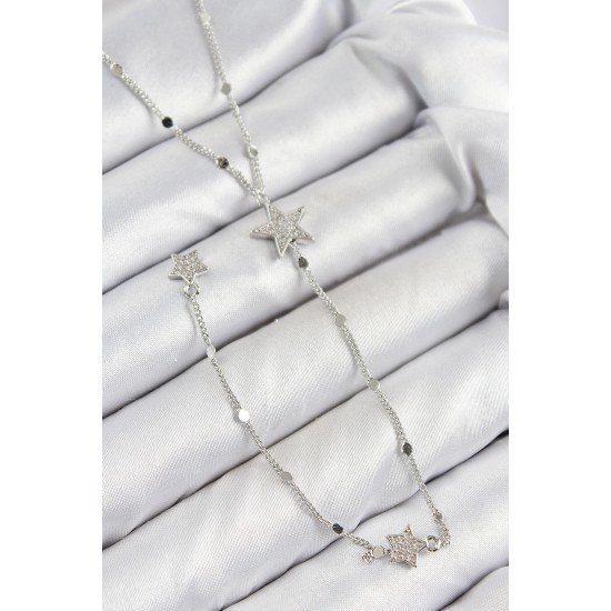 Pirinç Zirkon Taşlı Yıldız Model Gümüş Renk Y Kolye