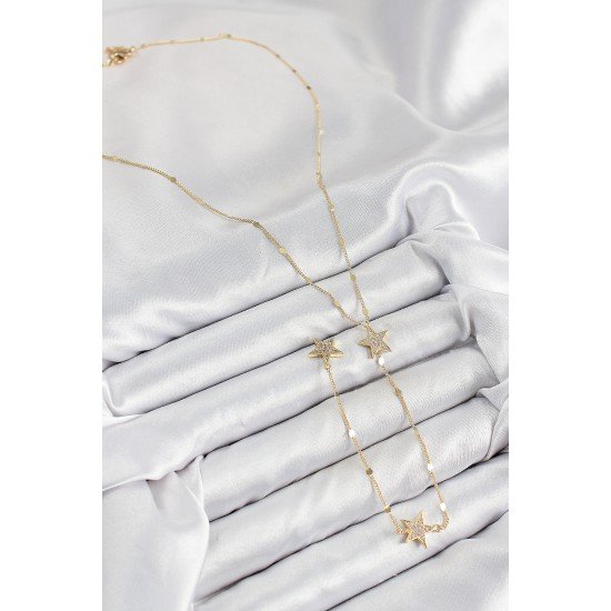 Pirinç Zirkon Taşlı Yıldız Model Gold Renk Y Kolye Pirinç Zirkon Taşlı Yıldız Model Gold Renk Y Kolye