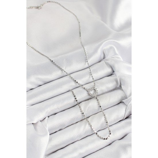 Pirinç Zirkon Taşlı Ezme Zincirli Kalp Model Gümüş Renk Y Kolye