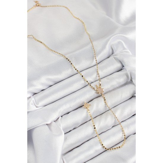 Pirinç Zirkon Taşlı Ezme Zincirli Kutup Yıldızı Model Gold Renk Y Kolye