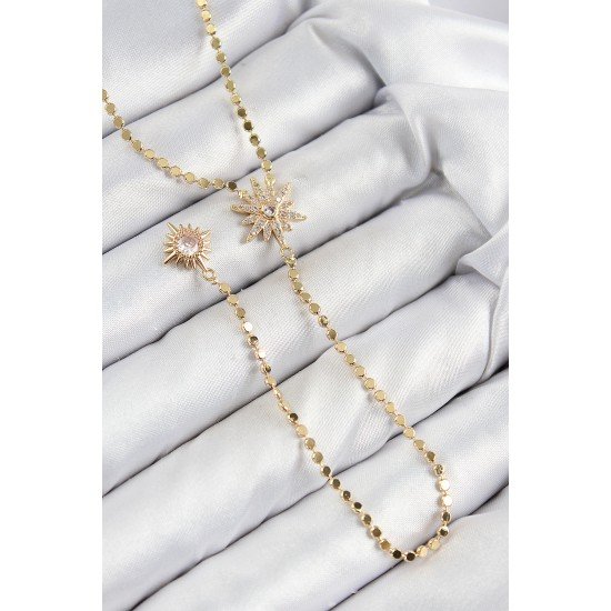 Pirinç Zirkon Taşlı Ezme Zincirli Kutup Yıldızı Model Gold Renk Y Kolye