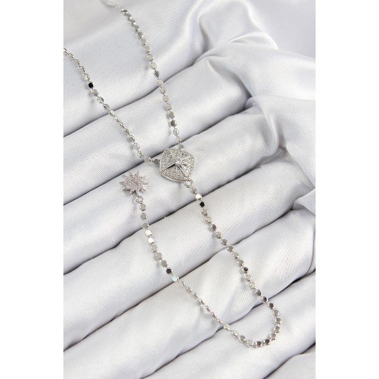 Pirinç Zirkon Taşlı Ezme Zincirli Madalyon Model Gümüş Renk Y Kolye