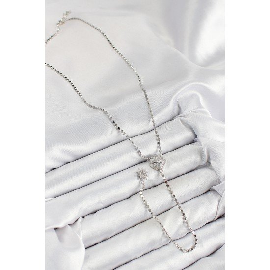 Pirinç Zirkon Taşlı Ezme Zincirli Madalyon Model Gümüş Renk Y Kolye