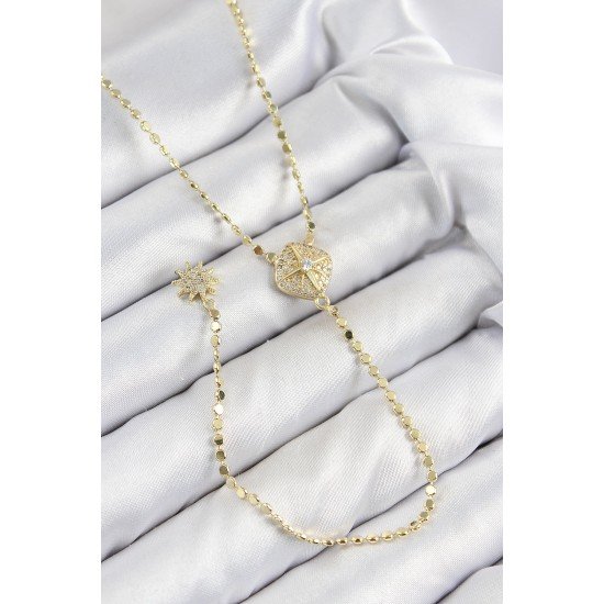 Pirinç Zirkon Taşlı Ezme Zincirli Madalyon Model Gold Renk Y Kolye