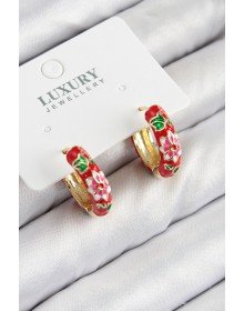 Pirinç Gold Renk Kırmızı Çiçek İşleme Mineli Kadın Küpe