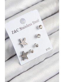 316L Çelik Zirkon Taşlı Deniz Yıldızı Model Gümüş Renk Kadın Set Küpe