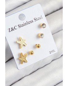 316L Çelik Zirkon Taşlı Deniz Yıldızı Model Gümüş Renk Kadın Set Küpe