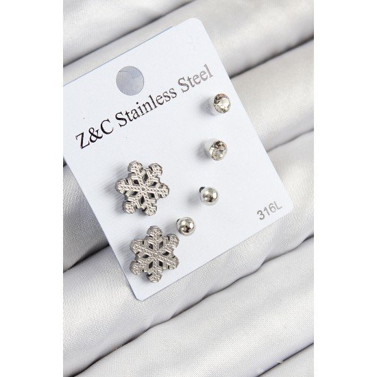 316L Çelik Zirkon Taşlı Kar Tanesi Model Gümüş Renk Kadın Set Küpe 316L Çelik Zirkon Taşlı Kar Tanesi Model Gümüş Renk Kadın Set Küpe