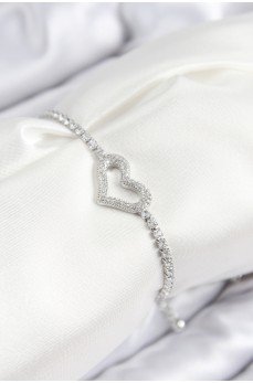 Pirinç Zirkon Taşlı Kalp Model Gümüş Renk Asansörlü Kadın Bileklik