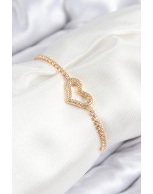 Pirinç Zirkon Taşlı Kalp Model Gold Renk Asansörlü Kadın Bileklik