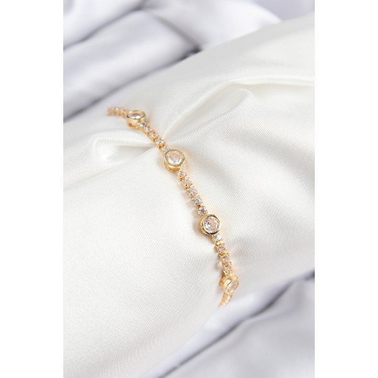 Pirinç Zirkon Taşlı Daire Model Gold Renk Asansörlü Kadın Bileklik