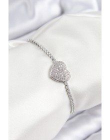 Pirinç Zirkon Taşlı Kalp Model Gümüş Renk Asansörlü Kadın Bileklik