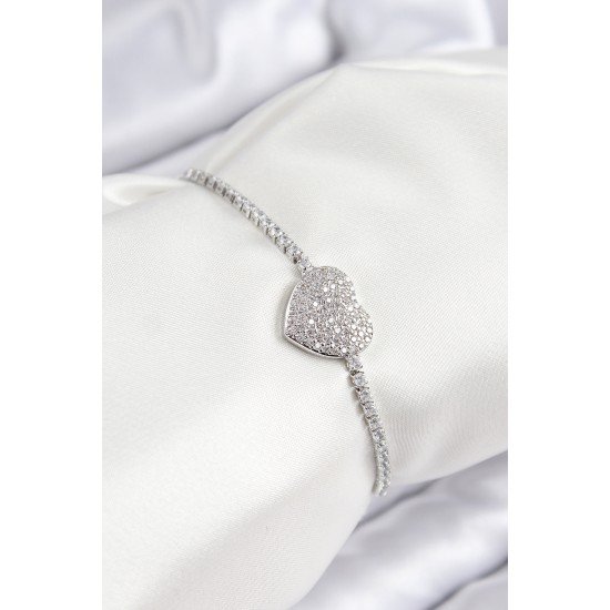 Pirinç Zirkon Taşlı Kalp Model Gümüş Renk Asansörlü Kadın Bileklik