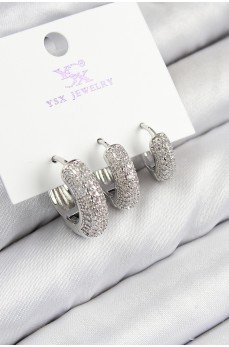 Pirinç Zirkon Taşlı 3'lü Halka Model Gümüş Renk Kadın Küpe