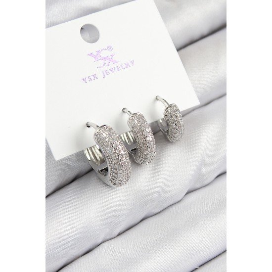 Pirinç Zirkon Taşlı 3'lü Halka Model Gümüş Renk Kadın Küpe