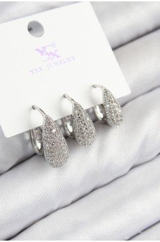 Pirinç Zirkon Taşlı 3'lü Damla Model Gümüş Renk Kadın Küpe
