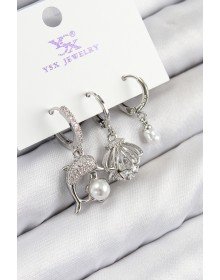 Pirinç Zirkon Taşlı 3'lü Yunus Balığı Ve İstiridye Model Gümüş Renk Kadın Küpe