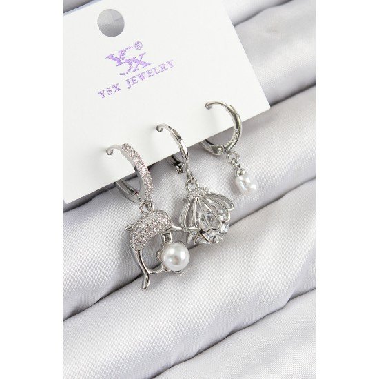 Pirinç Zirkon Taşlı 3'lü Yunus Balığı Ve İstiridye Model Gümüş Renk Kadın Küpe