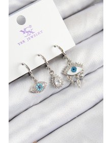 Pirinç Zirkon Taşlı 3'lü Fatma'nın Gözü Model Gümüş Renk Kadın Küpe