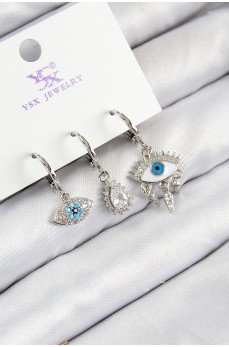 Pirinç Zirkon Taşlı 3'lü Fatma'nın Gözü Model Gümüş Renk Kadın Küpe