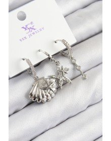 Pirinç Zirkon Taşlı 3'lü Yıldız Ve İstiridye Model Gümüş Renk Kadın Küpe