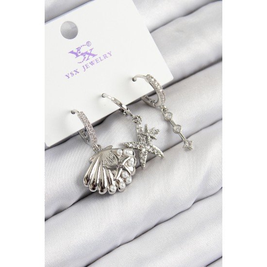 Pirinç Zirkon Taşlı 3'lü Yıldız Ve İstiridye Model Gümüş Renk Kadın Küpe