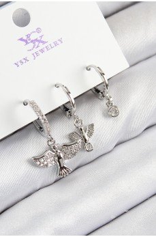 Pirinç Zirkon Taşlı 3'lü Kuş Model Gümüş Renk Kadın Küpe