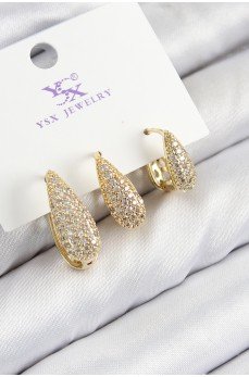 Pirinç Zirkon Taşlı 3'lü Damla Model Gold Renk Kadın Küpe