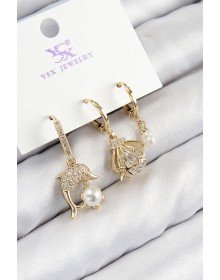 Pirinç Zirkon Taşlı 3'lü Yunus Balığı Ve İstiridye Model Gold Renk Kadın Küpe