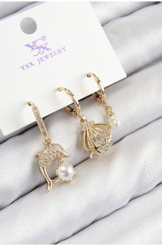 Pirinç Zirkon Taşlı 3'lü Yunus Balığı Ve İstiridye Model Gold Renk Kadın Küpe