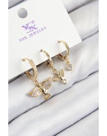 Pirinç Zirkon Taşlı 3'lü Kuş Model Gold Renk Kadın Küpe