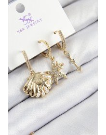 Pirinç Zirkon Taşlı 3'lü İstiridye Ve Yıldız Model Gold Renk Kadın Küpe