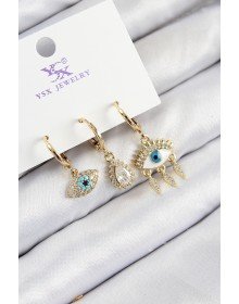 Pirinç Zirkon Taşlı 3'lü Fatma'nın Gözü Model Gold Renk Kadın Küpe