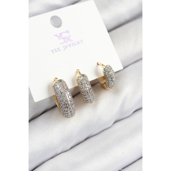 Pirinç Zirkon Taşlı 3'lü Halka Model Gold Ve Gümüş Renk Kadın Küpe