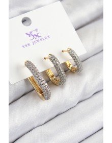 Pirinç Zirkon Taşlı 3'lü Oval Dikdörtgen Model Gold Ve Gümüş Renk Kadın Küpe